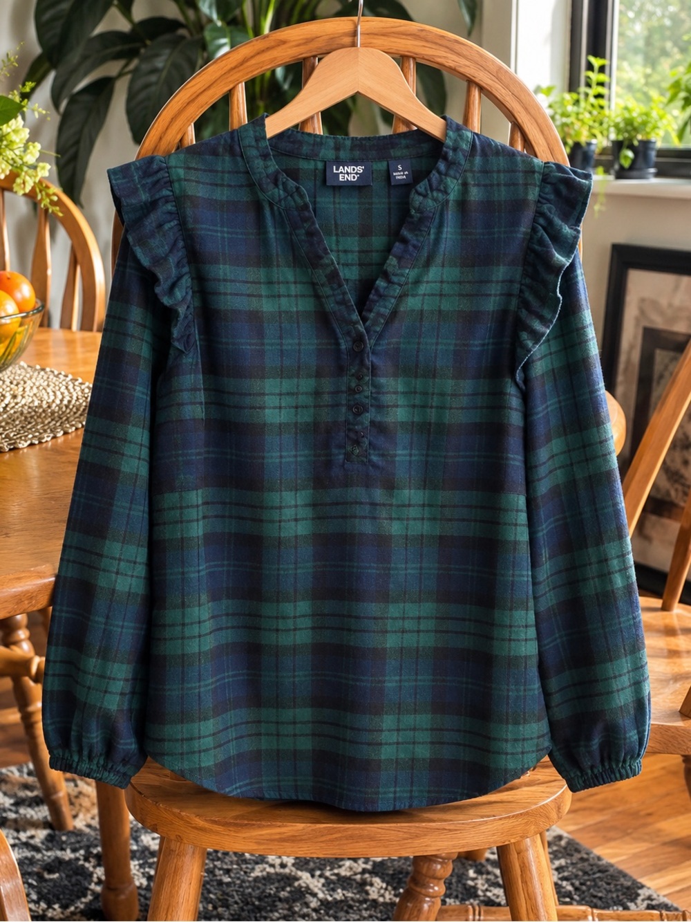 Lands’ End Blackwatch Plaid Ruffle Flannel Blouse S NWT Women size S/M (6-8)
